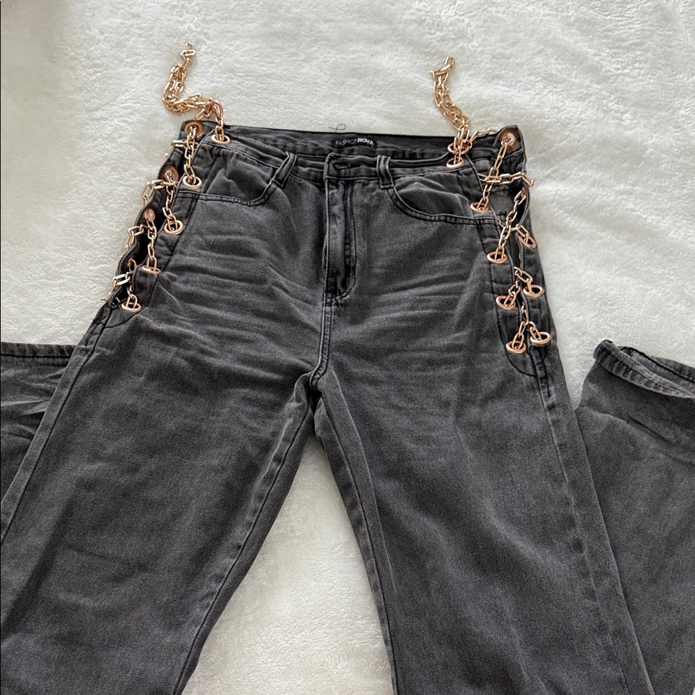 Fashion Nova Black Jeans with Gold Chain Detail